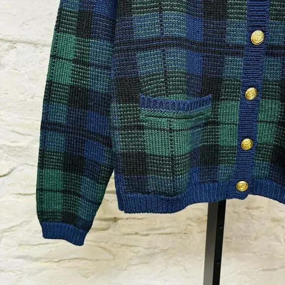 Jos. A Bank Wool Cardigan Sweater Plaid Gold Buttons Old Money Vintage 90s - Picture 4 of 7